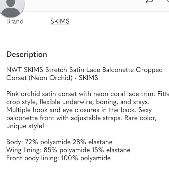 NWOT SKI.S STRETCH SATIN LACE CROPPED CORSET ,SZ:XS - Picture 5 of 5